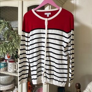 Kim Rogers Red and White Striped Button-Up Cardigan